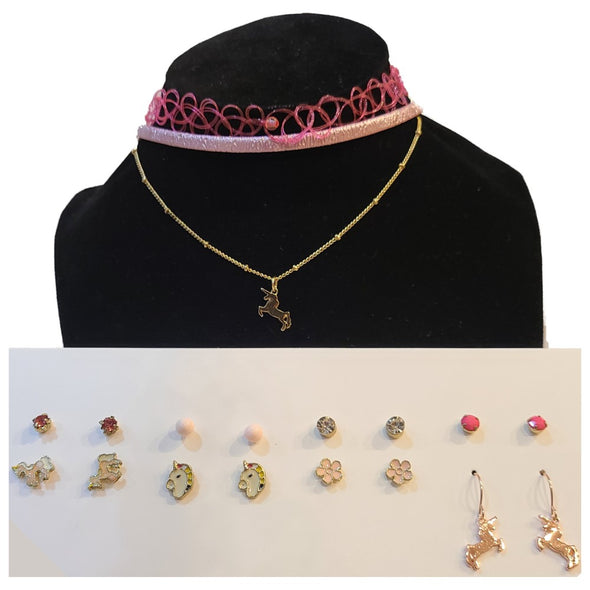 Girl Jewelry - Gift Box, 3 Adjustable Chokers & 8 Pair of Earrings