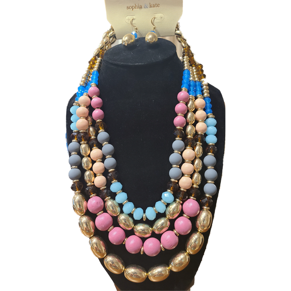 Sophia & Kate - Multilayer, Multicolor Beads Necklace and Earrings Set (Ensemble collier et boucles d'oreilles en perles multicolores multicouches)