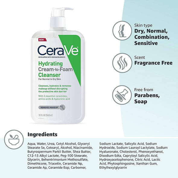 Cerave - Hydrating Cream-to-Foam Cleanser, 12oz (Nettoyant hydratant de crème à mousse)