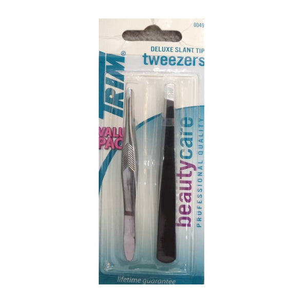 Trim - 2 deluxe tweezers, slant tips (2 pinces de luxe, pointes obliques)