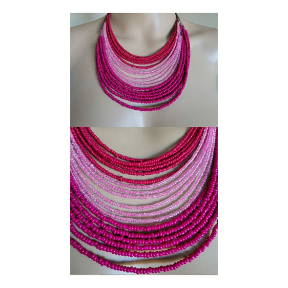 Mixit - Pink Beaded Multilayer Necklace (Collier multicouches en perles roses)
