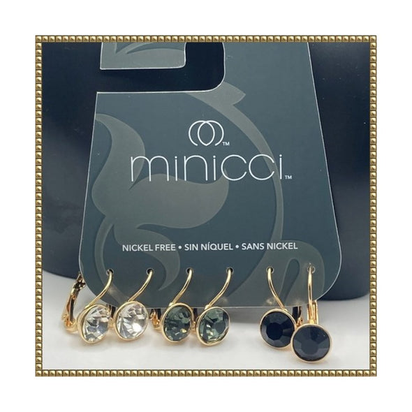 Minicci - 3 Pairs Gold Earrings with Drop Stones (3 paires de boucles d'oreilles or avec pierres tombantes)