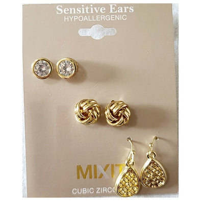 Mixit - 3 pair of Stylish Hypoallergenic earrings, Cubic Zirconia (3 paires de boucles d'oreilles élégantes hypoallergéniques, zirconium cubique)